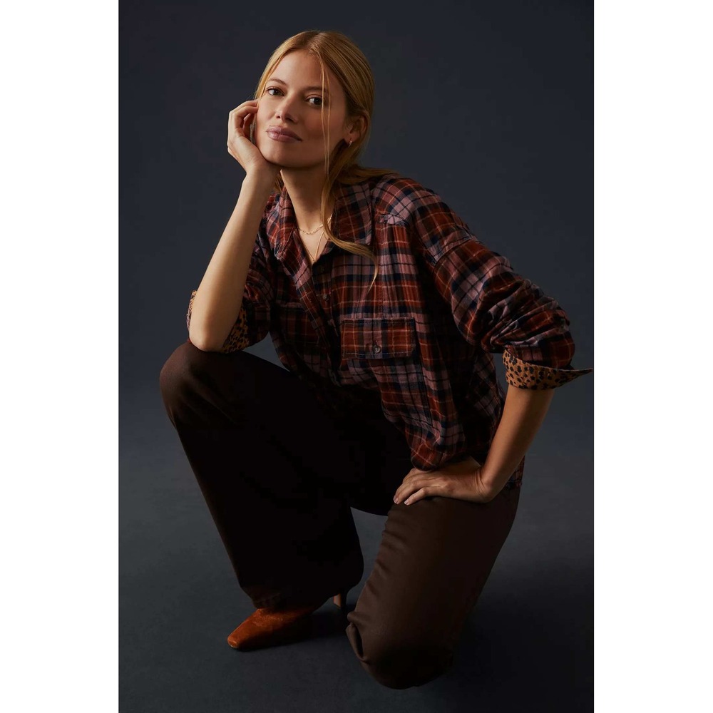 Pilcro Cropped Plaid Flannel Button Down Brown S Leopard Cuffs, Raw Hem Grunge